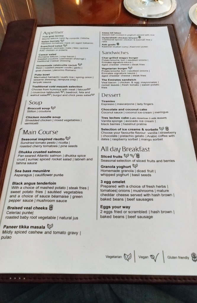 First class lounge menu